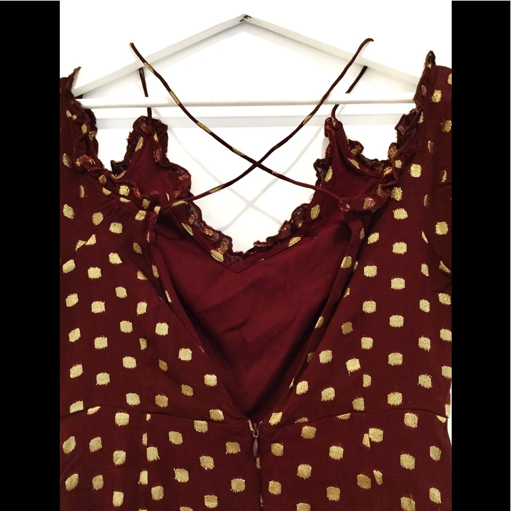 NWOT Topshop Off Shoulder Burgundy Gold Polka Dot Glam Mini Dress Sz 6 - Picture 6 of 8